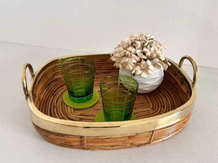 mid century italian organic serving tray in natural rattan and brass 1970s 5