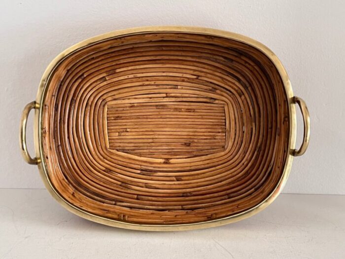 mid century italian organic serving tray in natural rattan and brass 1970s 6