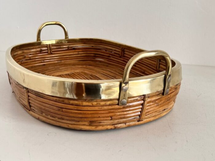 mid century italian organic serving tray in natural rattan and brass 1970s 7