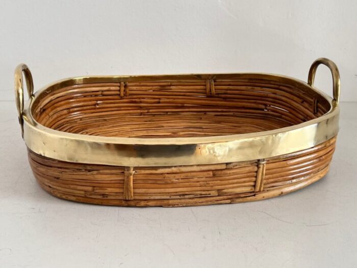 mid century italian organic serving tray in natural rattan and brass 1970s 9