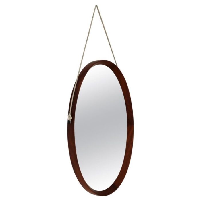 mid century italian oval teak wall mirror with cord hanging 1960s 1