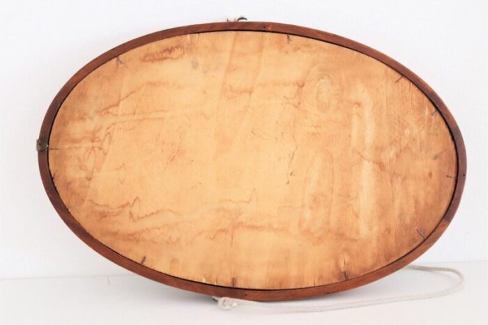 mid century italian oval teak wall mirror with cord hanging 1960s 16