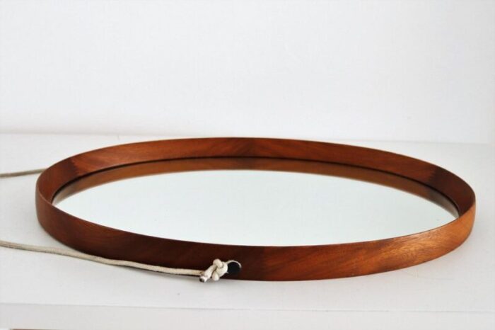 mid century italian oval teak wall mirror with cord hanging 1960s 3