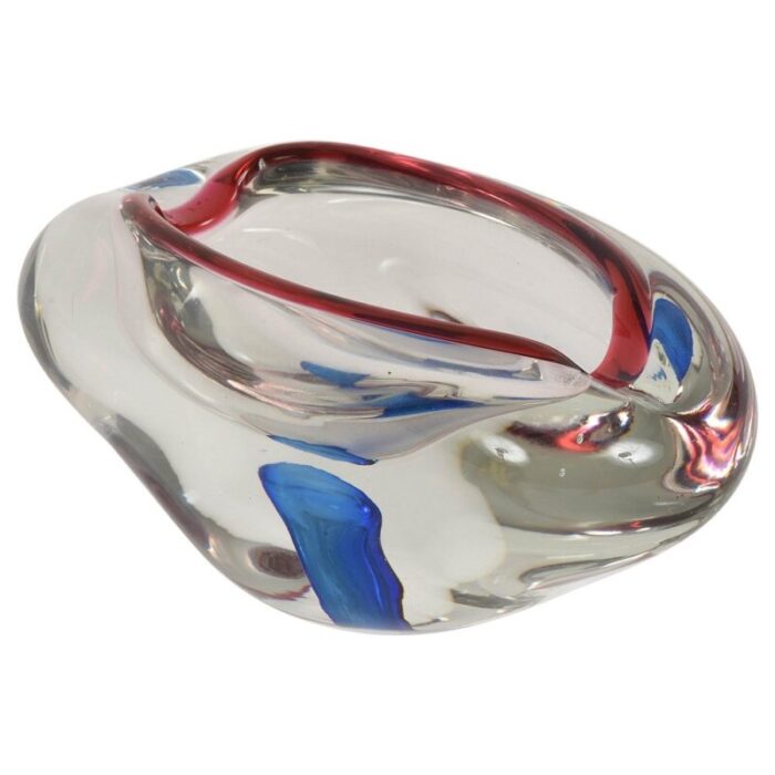 mid century italian red blue and crystal murano sommerso glass bowl by flavio poli 1960 1