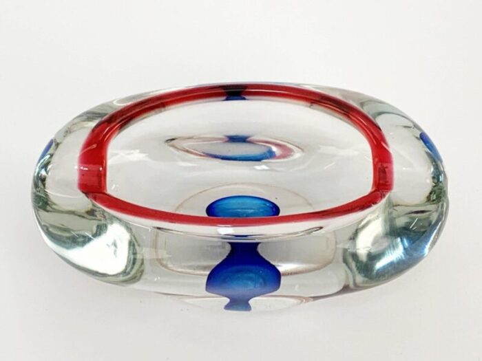 mid century italian red blue and crystal murano sommerso glass bowl by flavio poli 1960 10