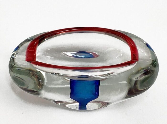 mid century italian red blue and crystal murano sommerso glass bowl by flavio poli 1960 12