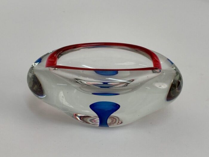 mid century italian red blue and crystal murano sommerso glass bowl by flavio poli 1960 13