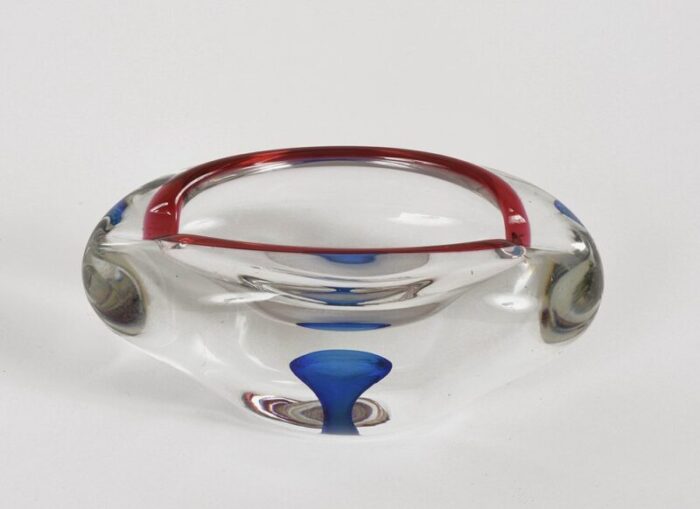 mid century italian red blue and crystal murano sommerso glass bowl by flavio poli 1960 2