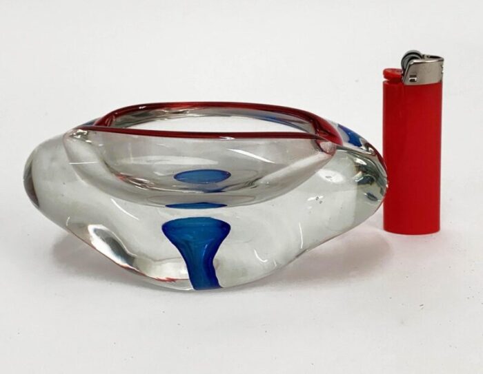 mid century italian red blue and crystal murano sommerso glass bowl by flavio poli 1960 3