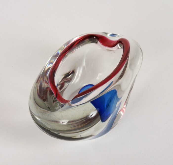 mid century italian red blue and crystal murano sommerso glass bowl by flavio poli 1960 4