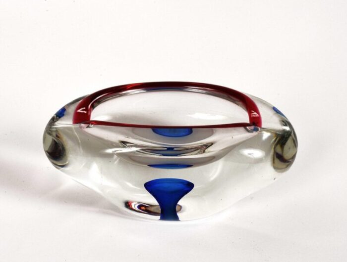 mid century italian red blue and crystal murano sommerso glass bowl by flavio poli 1960 5