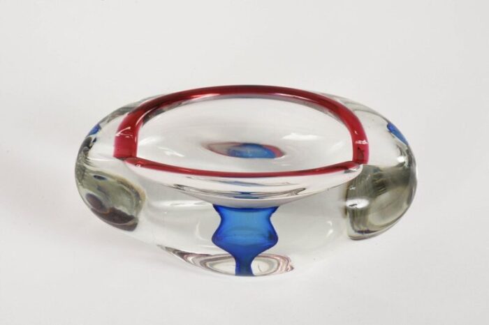 mid century italian red blue and crystal murano sommerso glass bowl by flavio poli 1960 6