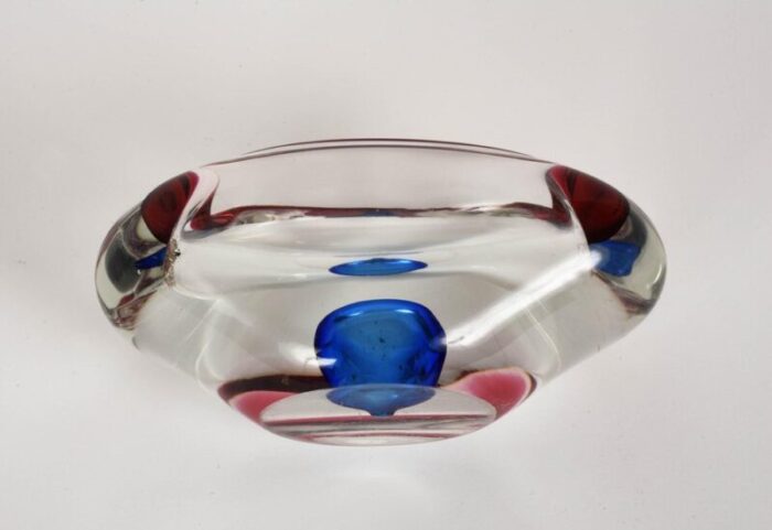 mid century italian red blue and crystal murano sommerso glass bowl by flavio poli 1960 8