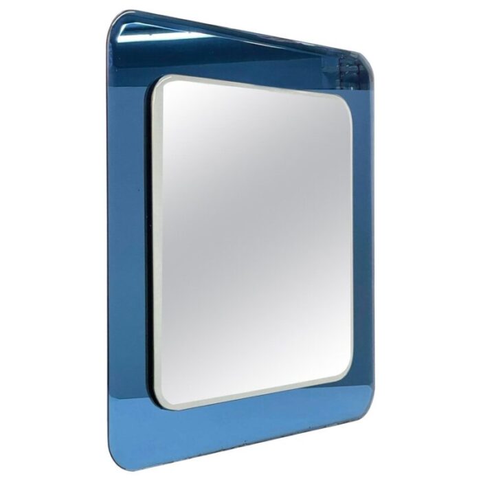 mid century italian square wall mirror with blue glass frame from cristal arte 1960s 1