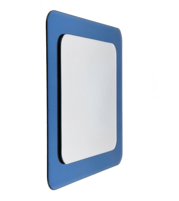 mid century italian square wall mirror with blue glass frame from cristal arte 1960s 2