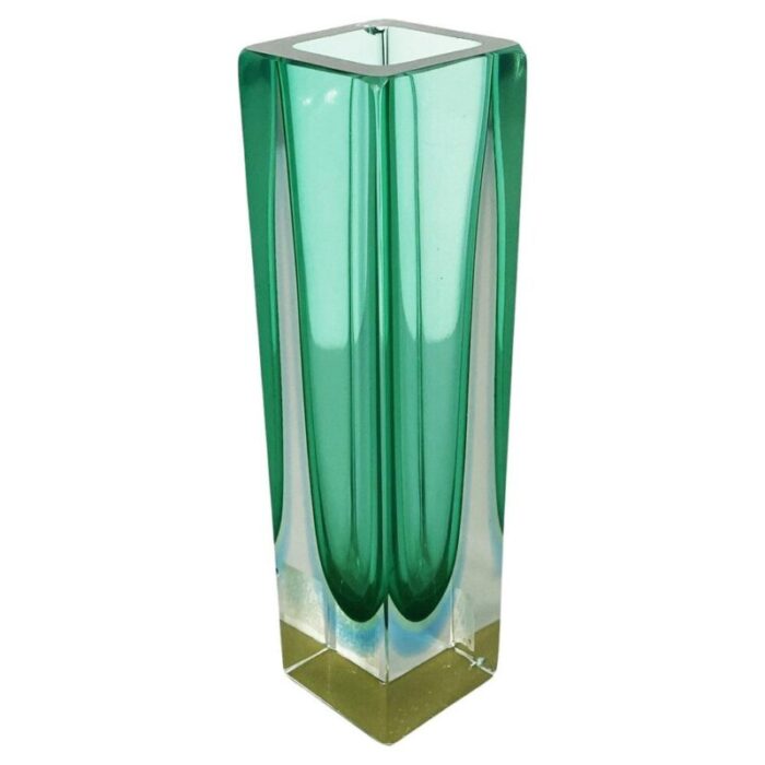 mid century italian vase in green murano glass with internal blue shades 1970s 1