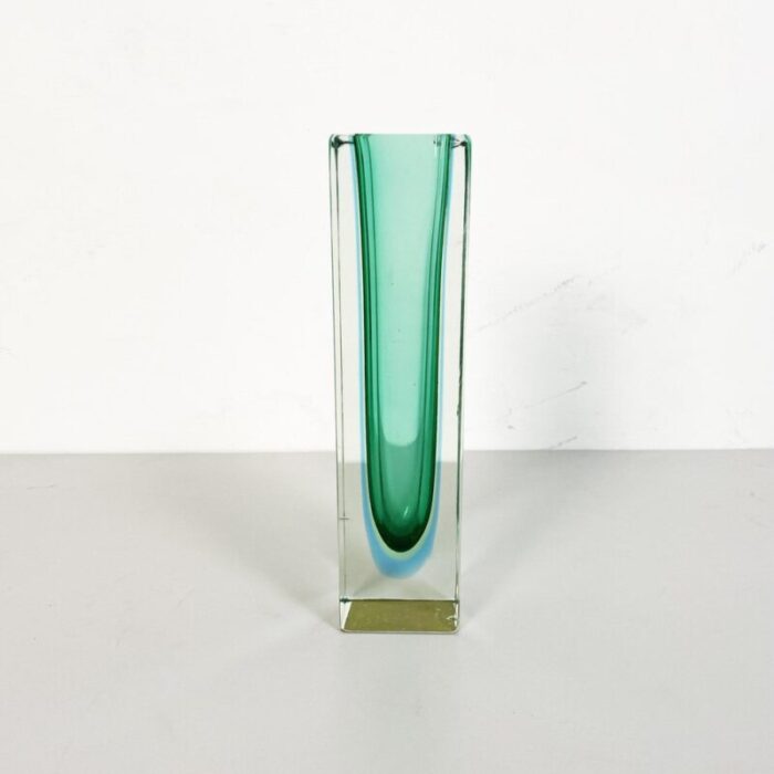 mid century italian vase in green murano glass with internal blue shades 1970s 2