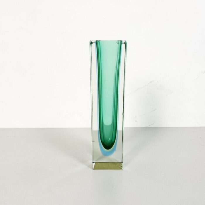 mid century italian vase in green murano glass with internal blue shades 1970s 3