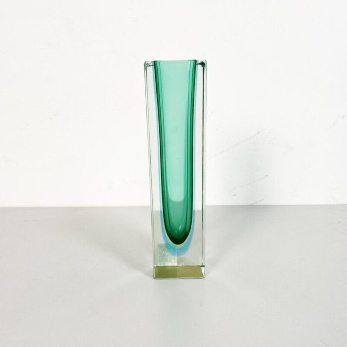 mid century italian vase in green murano glass with internal blue shades 1970s 4