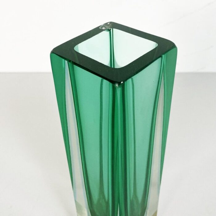 mid century italian vase in green murano glass with internal blue shades 1970s 5