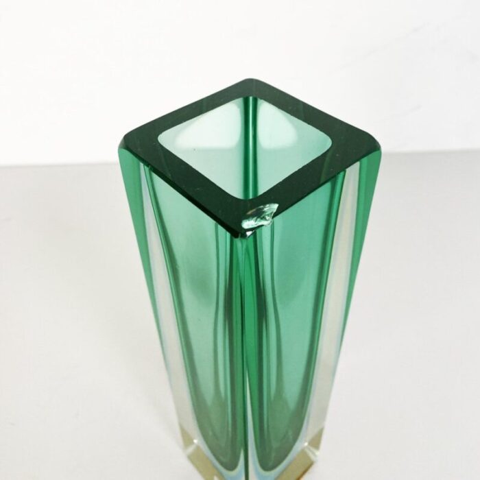 mid century italian vase in green murano glass with internal blue shades 1970s 6