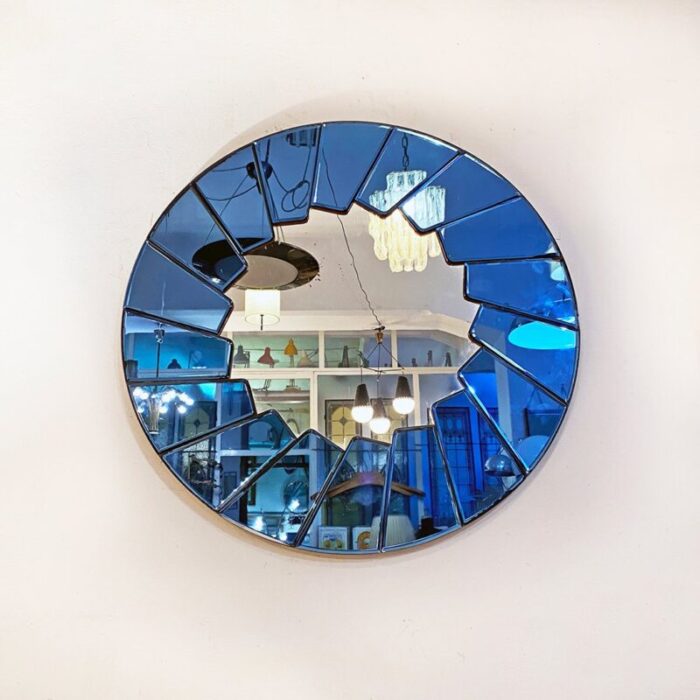 mid century modern italian blue round mirror with glass frame 1960s 1