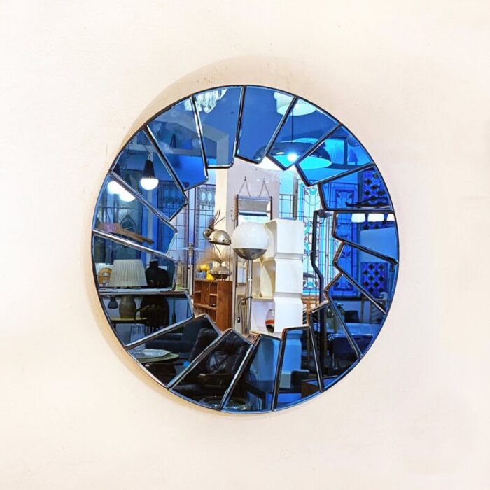 mid century modern italian blue round mirror with glass frame 1960s 3