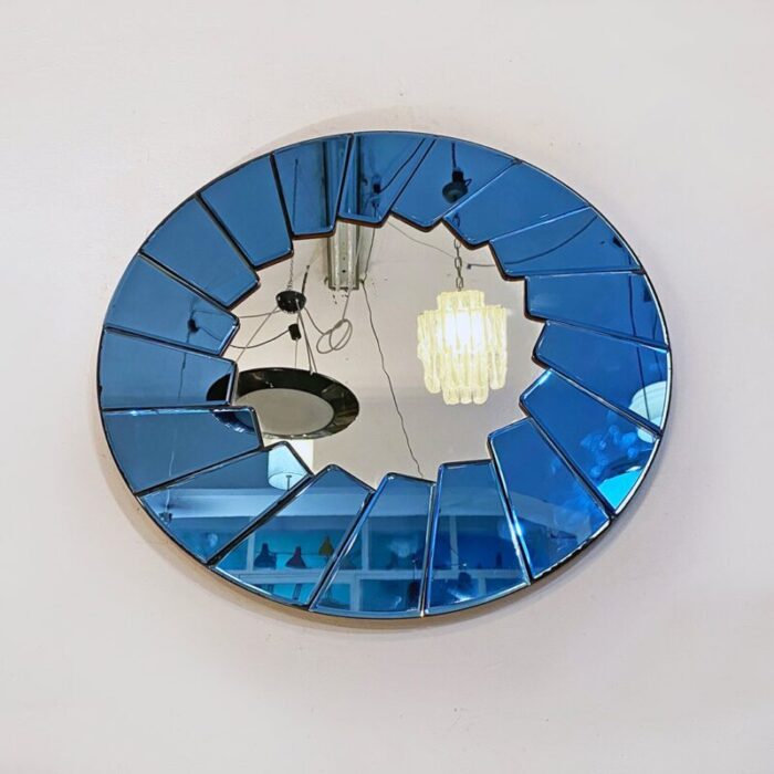 mid century modern italian blue round mirror with glass frame 1960s 4