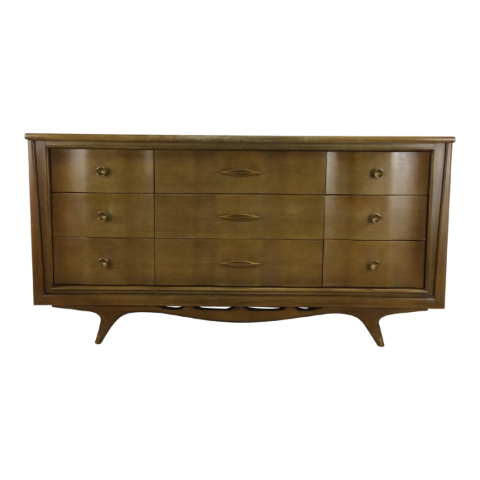 mid century modern lowboy dresser with brass hardware 9879