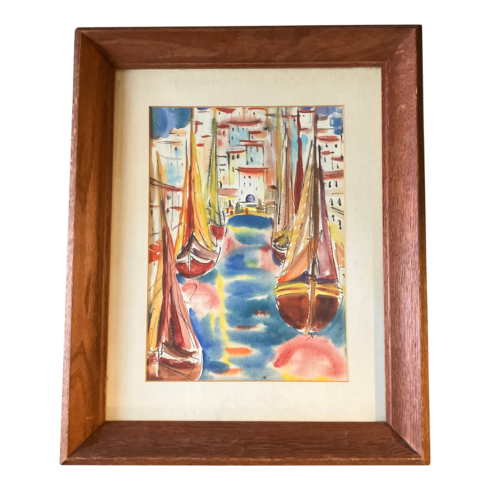 mid century modern original watercolor painting sail boats in european port original oak frame 5593