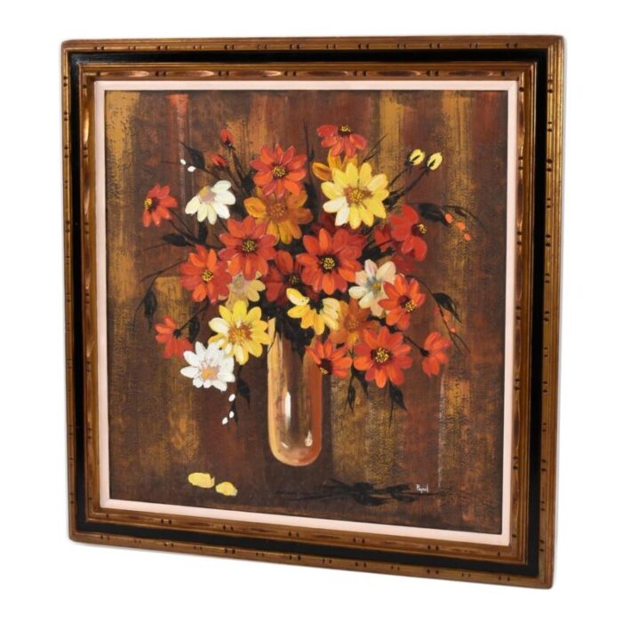 mid century modern red and yellow floral still life painting gilded frame 0666