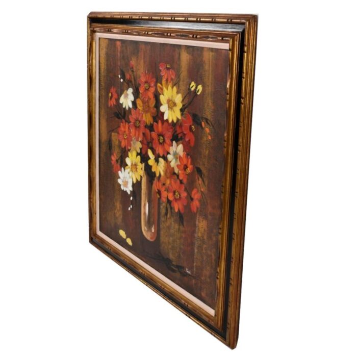 mid century modern red and yellow floral still life painting gilded frame 4583