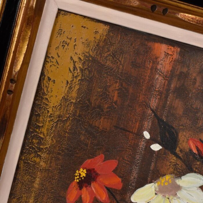 mid century modern red and yellow floral still life painting gilded frame 5209