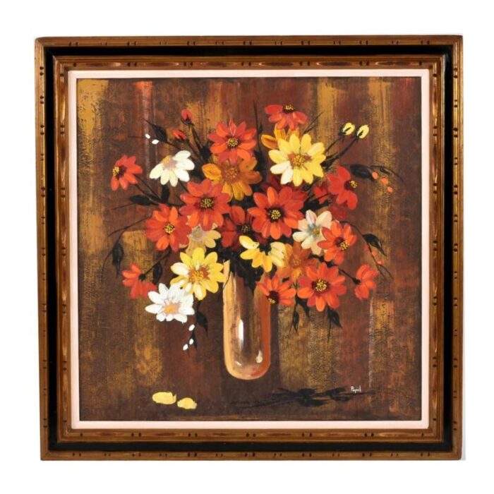 mid century modern red and yellow floral still life painting gilded frame 6818