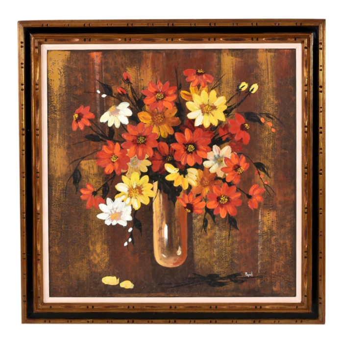 mid century modern red and yellow floral still life painting gilded frame 6850