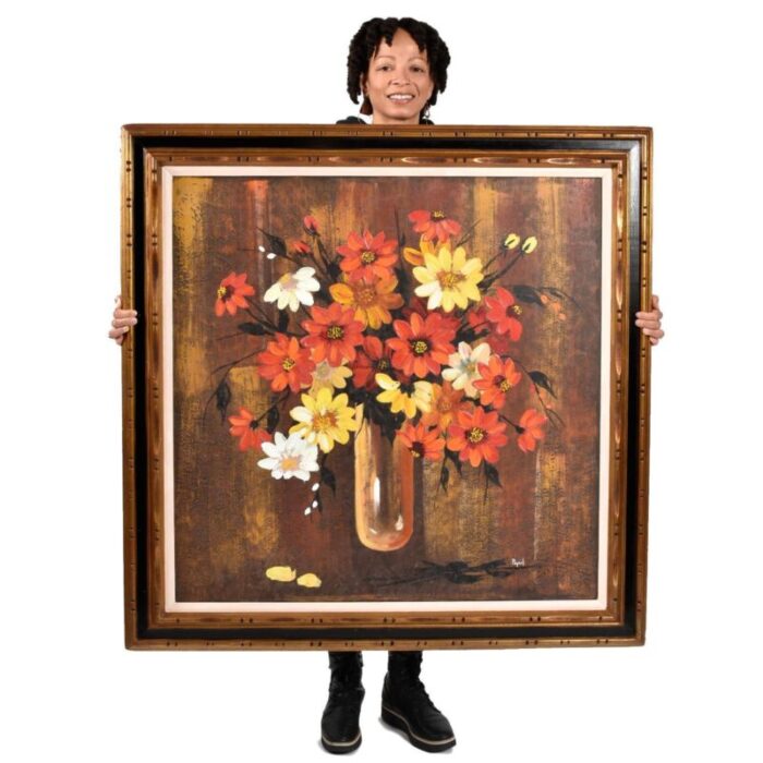 mid century modern red and yellow floral still life painting gilded frame 6880