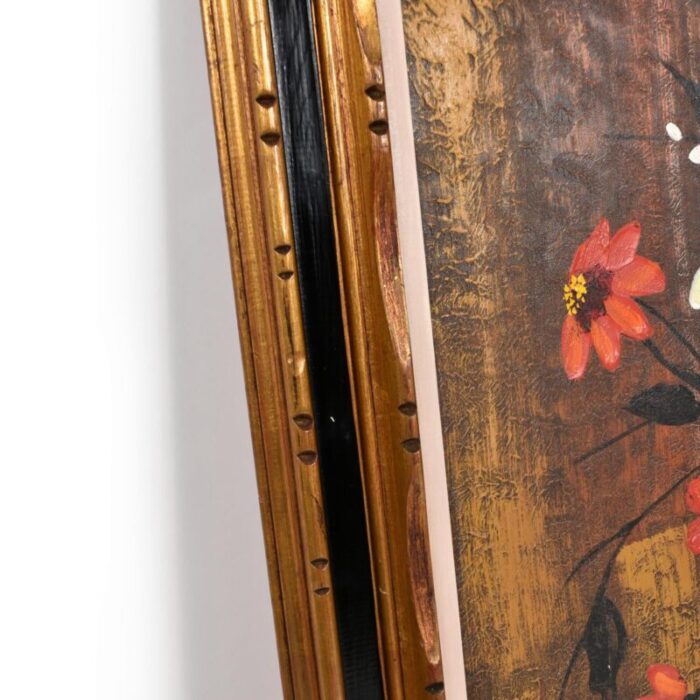 mid century modern red and yellow floral still life painting gilded frame 9492