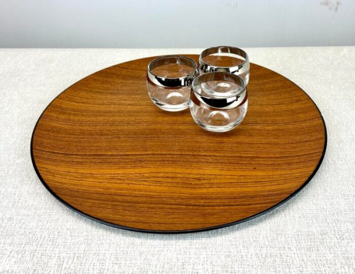 mid century modern teak and black lacquer charger japan 5819