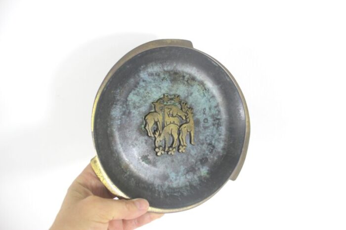 mid century modern verdigris brass plate with deer reindeer 3620