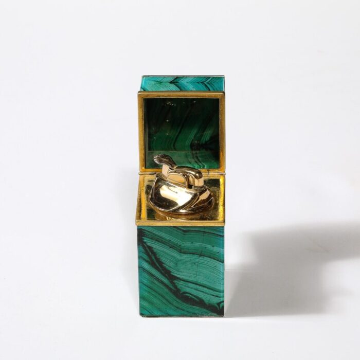 mid century modernist faux malachite and brass table lighter 0862