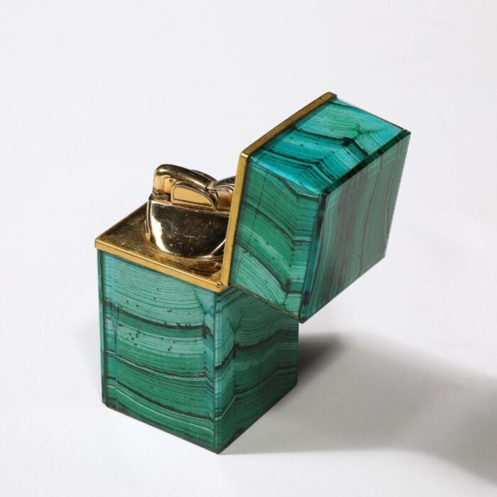 mid century modernist faux malachite and brass table lighter 3613