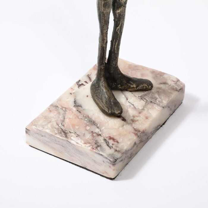 mid century modernist figurative bronze sculpture in contrapostto on marble base 0171