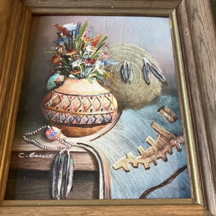 mid century original indian motif still life painting original oak frame signed 9511