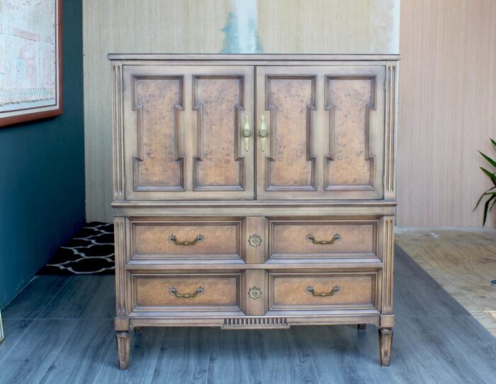 mid century walnut and burlwood highboy 2953