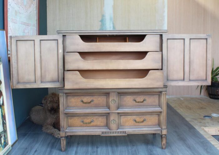 mid century walnut and burlwood highboy 8480