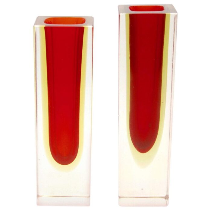 murano glass block vases with red core and diffused amber by flavio poli set of 2 1