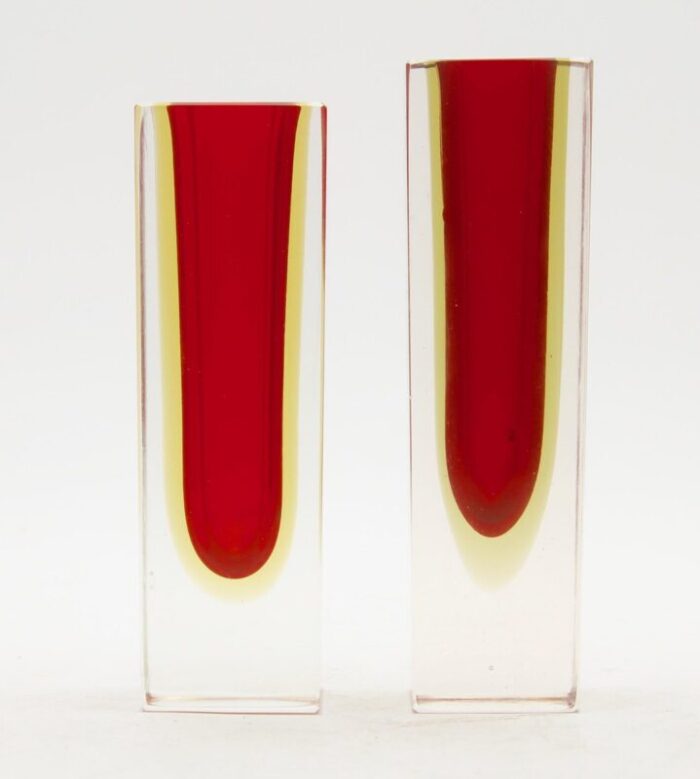 murano glass block vases with red core and diffused amber by flavio poli set of 2 2