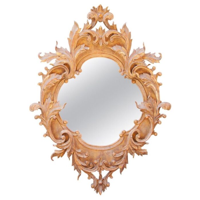 neoclassical style gold leaf hand carved wood mirror with acanthus leaf decoration 1970s 1