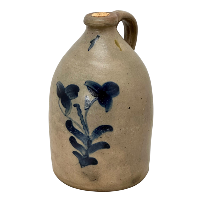 nice antique small 1 gallon size american blue flower decorated stoneware spirits jug circa mid 19th century 0534