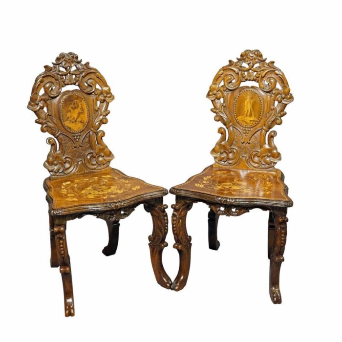 nutwood edelweis marquetry chairs swiss brienz 1900s a pair 0224